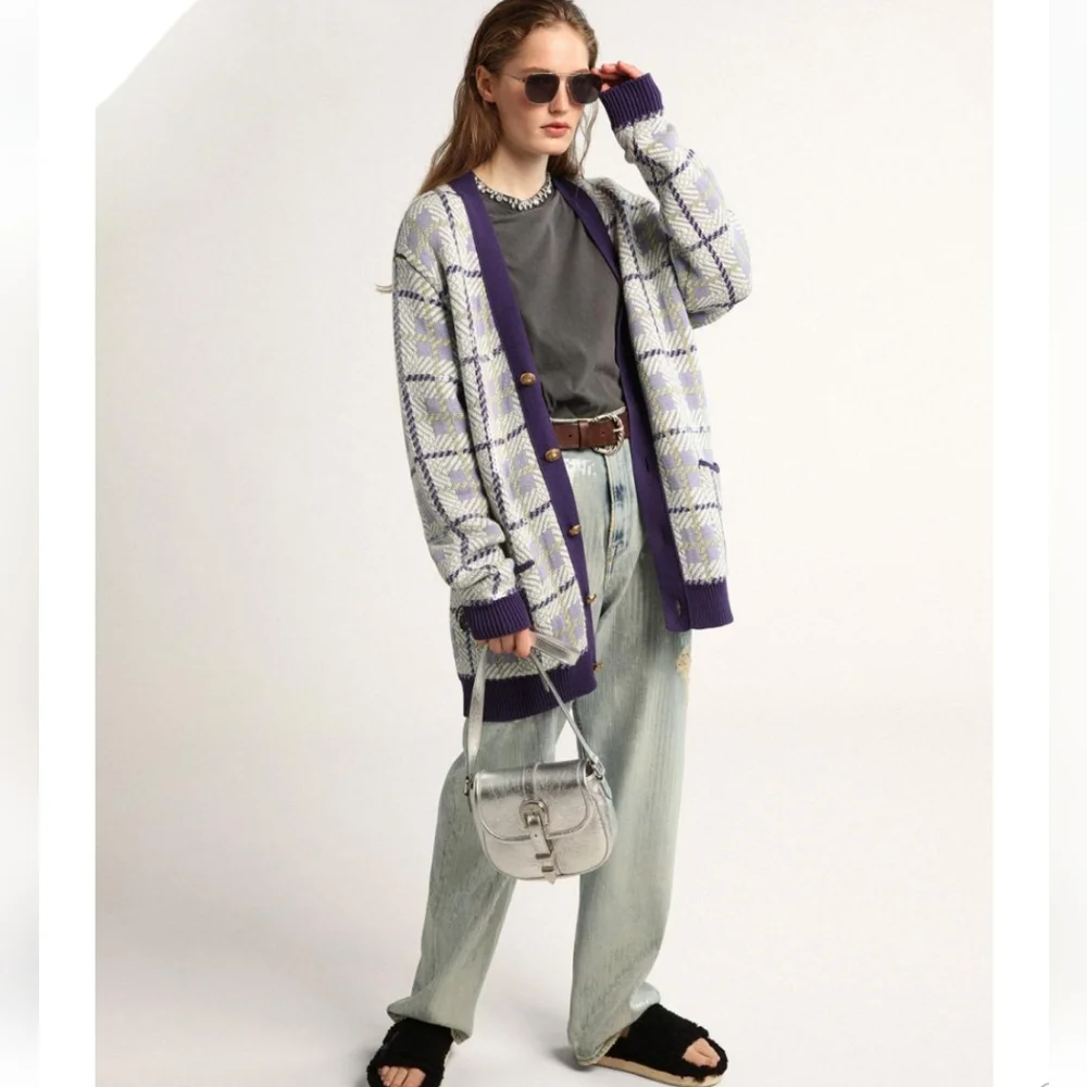 Golden Goose Sequin Embellished Plaid Wool Blend Cardigan Multicolor - Picture 3 of 13